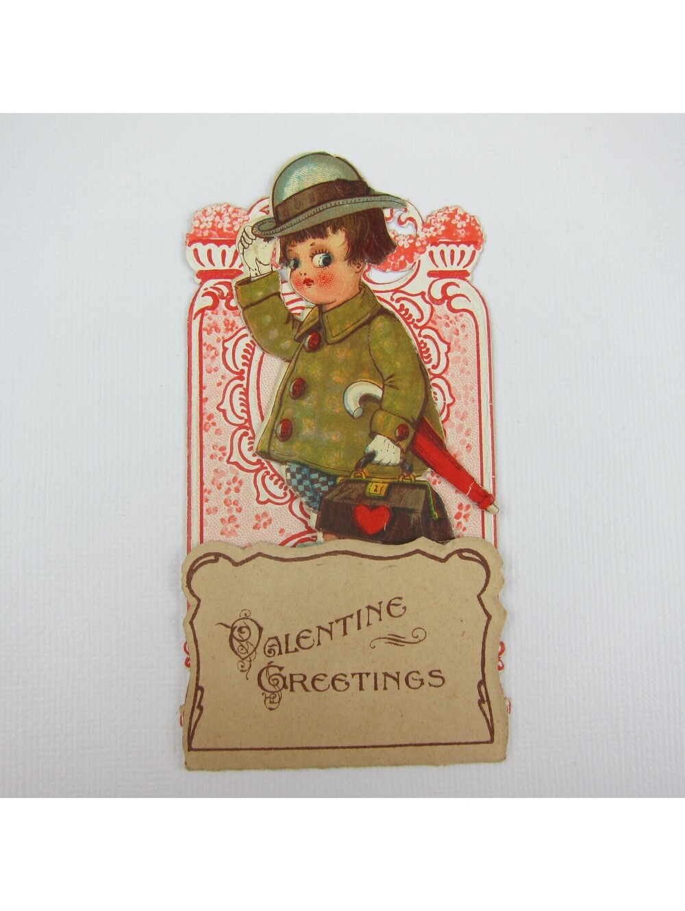 Vintage Valentine 3D Pop Up Die Cut Boy Green Coat & Hat Red Umbrella Black Bag